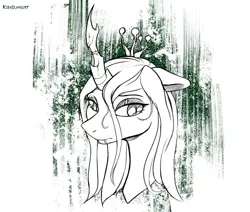 Size: 1024x870 | Tagged: safe, artist:kirasunnight, derpibooru import, queen chrysalis, changeling, changeling queen, abstract background, bust, fangs, female, image, jpeg, lidded eyes, partial color, portrait, quadrupedal, slit eyes, solo, zoomorphic