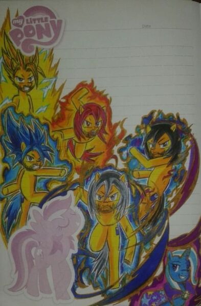 Size: 480x733 | Tagged: safe, artist:karadeg, derpibooru import, trixie, oc, oc:karadeg, crossover, derpibooru exclusive, dragon ball super, dragon ball z, image, jpeg, lined paper, super saiyan 2, super saiyan blue, super saiyan god, traditional art, ultra instinct