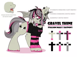 Size: 2700x2000 | Tagged: safe, artist:etoz, derpibooru import, oc, oc:gravel shine, unofficial characters only, bat pony, pony, bat pony oc, bat wings, choker, clothes, collar, commission, ear piercing, earring, emo, eyebrow piercing, eyebrows, eyebrows visible through hair, fangs, image, jewelry, makeup, male, open mouth, piercing, png, reference sheet, shirt, simple background, snake bites, solo, stallion, t-shirt, text, white background, wings