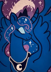 Size: 640x911 | Tagged: safe, artist:britebuck, derpibooru import, part of a set, princess luna, alicorn, pony, crescent moon, curved horn, ethereal mane, eyes closed, female, horn, image, jewelry, jpeg, mare, moon, smiling, solo, starry mane, stars, tiara, traditional art, wings