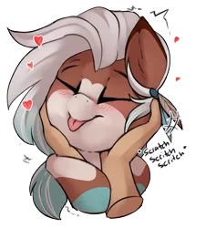 Size: 2226x2457 | Tagged: safe, artist:beardie, derpibooru import, part of a set, oc, oc:faline, unofficial characters only, deer, deer pony, human, original species, beardies scritching ponies, blushing, commission, cute, disembodied hand, eyes closed, hand, image, petting, png, solo, tongue out, ych result