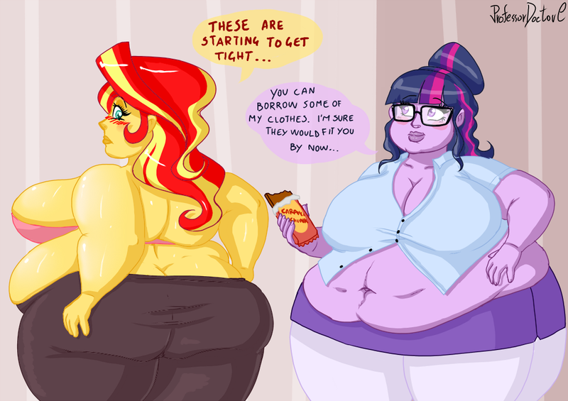 Size: 1024x723 | Tagged: suggestive, artist:professordoctorc, derpibooru import, sci-twi, sunset shimmer, twilight sparkle, equestria girls, bbw, belly button, breasts, busty sunset shimmer, busty twilight sparkle, candy, clothes, dialogue, eating, fat, female, food, glasses, image, leggings, lesbian, obese, png, sci-twilard, scitwishimmer, shipping, shirt, skirt, slobset shimmer, socks, ssbbw, stockings, sunsetsparkle, thigh highs, tight clothing, twilard sparkle, weight gain