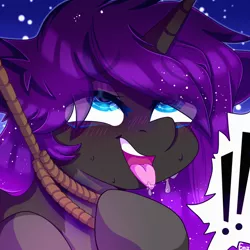Size: 2000x2000 | Tagged: semi-grimdark, suggestive, artist:etoz, derpibooru import, oc, unofficial characters only, pony, ahegao, asphyxiation, blushing, choking, commission, drool, eyebrows, eyebrows down, eyebrows visible through hair, female, fetish, horn, image, mare, open mouth, png, rope, teeth, tongue out, ych result
