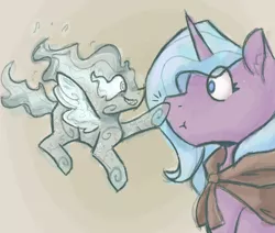 Size: 1000x849 | Tagged: safe, artist:apatheticxaddict, derpibooru import, idw, rabia, radiant hope, pony, umbrum, unicorn, spoiler:comic36, boop, duo, female, image, non-consensual booping, png, simple background