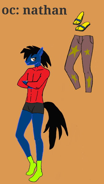 Size: 662x1168 | Tagged: suggestive, artist:calebtyink, derpibooru import, oc, oc:nathan, anthro, earth pony, pony, clothes, image, male, pants, png, sandals, stallion