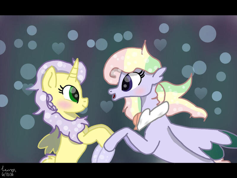 Size: 1280x960 | Tagged: safe, artist:sugarlemon1127, derpibooru import, alicorn, pegasus, pony, seapony (g4), blushing, bubble, female, fin wings, fins, flowing mane, green eyes, horn, image, jewelry, jpeg, looking at each other, multicolored hair, necklace, ocean, open mouth, purple mane, seaponified, signature, simple background, smiling, species swap, underwater, water, wings