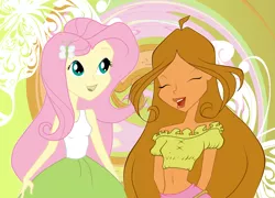 Size: 2888x2076 | Tagged: safe, artist:azuraxp, derpibooru import, fluttershy, human, equestria girls, barely eqg related, chat, chatting, clothes, crossover, eyes closed, flora (winx club), hairpin, hands behind back, image, open mouth, png, winx club