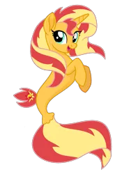 Size: 1143x1636 | Tagged: safe, artist:youraveragepony, derpibooru import, sunset shimmer, pony, seapony (g4), unicorn, dorsal fin, female, fish tail, flowing mane, flowing tail, green eyes, horn, image, looking at you, open mouth, open smile, png, seaponified, seapony sunset, simple background, smiling, solo, species swap, tail, transparent background, vector