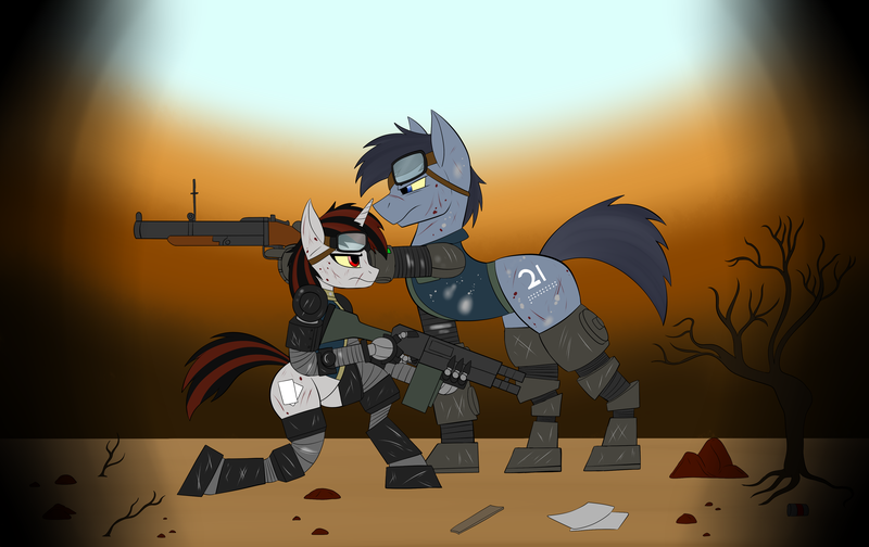 Size: 4167x2627 | Tagged: semi-grimdark, artist:rorrek, derpibooru import, oc, oc:blackjack, oc:p-21, cyborg, earth pony, unicorn, fallout equestria, fallout equestria: project horizons, amputee, bipedal, bipedal leaning, crouching, fanfic art, goggles, grenade launcher, gun, image, leaning, png, post-apocalyptic, prosthetic limb, prosthetics, scar, weapon
