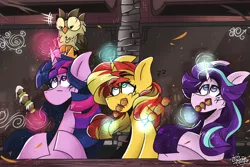 Size: 4200x2800 | Tagged: safe, artist:its_sunsetdraws, derpibooru import, owlowiscious, starlight glimmer, sunset shimmer, twilight sparkle, twilight sparkle (alicorn), alicorn, bird, owl, pony, unicorn, cheek fluff, confused expression, digital art, eyebrows, eyebrows visible through hair, falling leaves, fanart, female, food, glowing horn, high res, horn, image, leaves, magic, magic aura, male, mare, outdoor cafe, outdoors, png, sitting, telekinesis