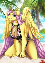 Size: 2009x2800 | Tagged: safe, alternate version, artist:dorothea322, derpibooru import, fluttershy, oc, oc:princess fluttershy, alicorn, anthro, pony, starfish, alicorn oc, alternate hairstyle, alternate universe, beach, bikini babe, commission, element of kindness, horn, image, jewelry, missing cutie mark, ocean, palm tree, png, princess fluttershy, sand, sexy, smiling, solo, story included, tiara, tree, two toned wings, water, wings, ych result