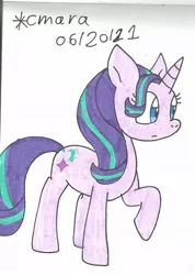 Size: 783x1102 | Tagged: safe, artist:cmara, derpibooru import, starlight glimmer, pony, unicorn, female, image, jpeg, mare, raised hoof, simple background, solo, traditional art, white background