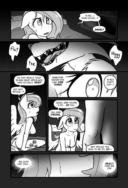 Size: 875x1280 | Tagged: questionable, artist:ketirz, derpibooru import, angel bunny, fluttershy, anthro, pegasus, rabbit, comic:hare moon, angelshy, animal, areola, bed, bedroom, black and white, breasts, busty fluttershy, close-up, comic, dark room, dialogue, drool, female, fluttershy's cottage, grayscale, image, jpeg, looking at each other, lycanthropy, male, messy hair, messy mane, monochrome, monster, night, nipples, nudity, remember, sharp teeth, shipping, sideboob, size difference, spread wings, straight, sweat, teeth, webcomic, werebeast, wide eyes, wings, word balloon