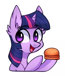 Size: 652x782 | Tagged: safe, artist:handgunboi, edit, twilight sparkle, pony, unicorn, burger, eyebrows, eyebrows visible through hair, female, food, image, jpeg, mare, open mouth, open smile, simple background, smiling, solo, twilight burgkle, unicorn twilight, watermark removal, white background