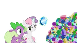 Size: 1190x670 | Tagged: suggestive, artist:tgut, derpibooru import, edit, editor:jaydee, vector edit, spike, sweetie belle, dragon, unicorn, bloated, feeder, feeding, female, gem, hoard, image, male, png, shipping, spikebelle, straight, vector