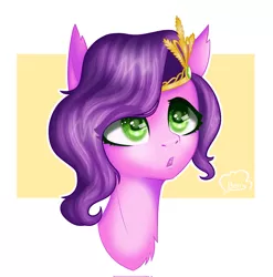 Size: 2023x2048 | Tagged: safe, artist:cloudberry_mess, derpibooru import, pipp petals, pegasus, pony, abstract background, adorapipp, bust, curious, cute, eye clipping through hair, female, g5, high res, image, jpeg, mare, open mouth, portrait, solo