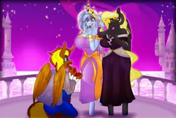 Size: 4096x2731 | Tagged: safe, artist:tatemil, derpibooru import, oc, oc:liliosa, oc:prince cosmic light, oc:princess sorraia, unofficial characters only, anthro, unguligrade anthro, balcony, clothes, dress, image, jpeg, marriage, propositioning