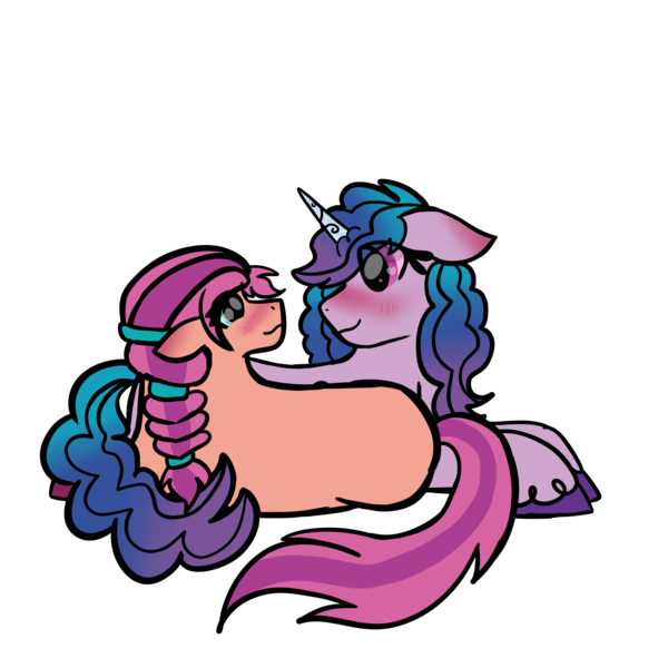 Size: 4096x4096 | Tagged: safe, artist:birbnerd17, derpibooru import, izzy moonbow, sunny starscout, earth pony, pony, unicorn, absurd resolution, blushing, braid, female, floppy ears, g5, image, looking at each other, mare, png, simple background, smiling, transparent background, unshorn fetlocks