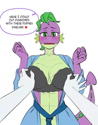 Size: 934x1200 | Tagged: suggestive, artist:pia-sama, derpibooru import, rarity, spike, anthro, dragon, barb, barity, big breasts, blushing, bra, breasts, busty barb, clothes, darling, dragoness, female, female focus, female pov, grope, half r63 shipping, image, lesbian, lizard breasts, male, nipple pinch, nipples, nudity, offscreen character, offscreen female, open clothes, png, pov, robe, rule 63, shipping, simple background, solo focus, sparity, speech bubble, straight, underwear, white background