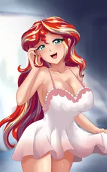 Size: 1269x2048 | Tagged: source needed, safe, artist:thebrokencog, banned from derpibooru, deleted from derpibooru, derpibooru import, sunset shimmer, human, equestria girls, big breasts, blue eyes, braless, breasts, busty sunset shimmer, cleavage, clothes, commission, cute, dress, female, humanized, image, png, red hair, shimmerbetes, solo, solo female