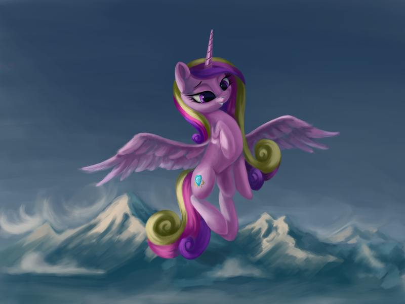 Size: 3000x2250 | Tagged: safe, artist:flusanix, derpibooru import, princess cadance, alicorn, pony, female, flying, grin, high res, image, mare, mountain, mountain range, png, smiling, solo