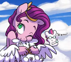 Size: 2772x2391 | Tagged: safe, artist:chub-wub, derpibooru import, cloudpuff, pipp petals, zipp storm, dog, pegasus, pony, adorapipp, beaker, cloud, cute, duo, female, g5, goggles, grin, image, jpeg, mare, one eye closed, puppy, safety goggles, science, siblings, sisters, sky, smiling, unshorn fetlocks, wink