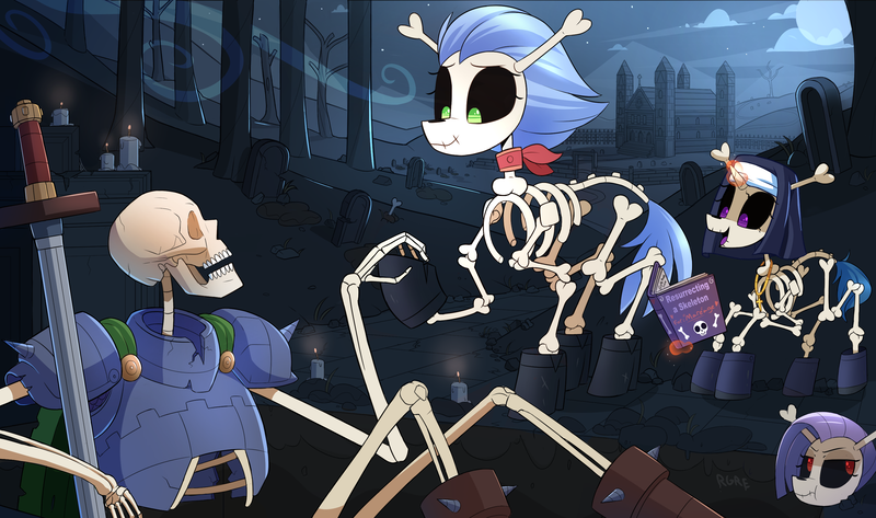 Size: 2985x1765 | Tagged: safe, artist:nignogs, ponybooru import, skellinore, oc, oc:anon, human, pony, skeleton pony, undead, /mlp/, armor, bone, book, candle, canon x oc, grave, gravestone, graveyard, image, magic, marriage, necromancy, night, nun, png, reversed gender roles equestria, reversed gender roles equestria general, skeleton, sword, telekinesis, weapon