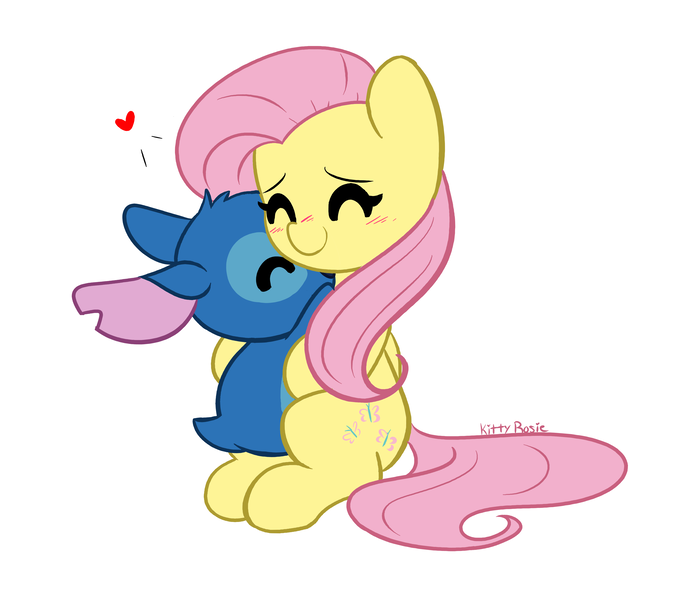 Size: 4180x3682 | Tagged: safe, artist:kittyrosie, derpibooru import, fluttershy, pegasus, pony, absurd resolution, blushing, cute, eyes closed, image, lilo and stitch, png, shyabetes, simple background, stitch