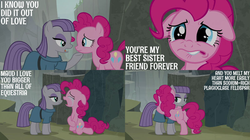 Size: 1280x720 | Tagged: safe, derpibooru import, edit, edited screencap, editor:quoterific, screencap, maud pie, pinkie pie, earth pony, pony, rock solid friendship, season 7, crying, cute, diapinkes, female, floppy ears, hug, image, jpeg, lip bite, mare, open mouth, pie sisters, sad, siblings, sisters