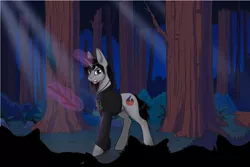 Size: 1500x1000 | Tagged: safe, artist:zariolys, derpibooru import, oc, ponified, ponified:kellin quinn, pony, unicorn, the mean 6, blood, clone, clothes, commission, disguise, disguised siren, evil clone, fangs, forest, glowing horn, horn, image, jewelry, levitation, long sleeves, magic, male, necklace, outdoors, png, shirt, sleeping with sirens, stallion, stick, telekinesis, tree, ych result