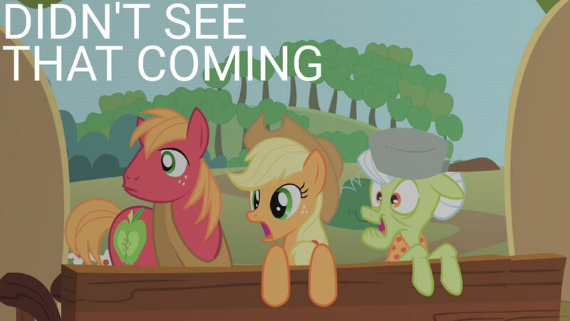 Size: 1280x720 | Tagged: safe, derpibooru import, edit, edited screencap, editor:quoterific, screencap, applejack, big macintosh, granny smith, earth pony, pony, season 1, swarm of the century, applejack's hat, cowboy hat, female, floppy ears, gasp, hat, image, jpeg, male, mare, open mouth, stallion