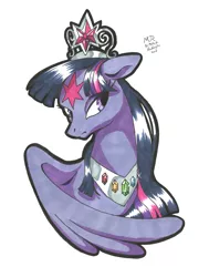 Size: 2130x2814 | Tagged: safe, artist:melindaington, derpibooru import, twilight sparkle, twilight sparkle (alicorn), alicorn, pony, alternate universe, element of generosity, element of honesty, element of kindness, element of laughter, element of loyalty, element of magic, elements of harmony, hornless alicorn, image, immortality blues, jewelry, magic mark, missing horn, peytral, png, queen twilight, queen twilight sparkle, sad, scar, simple background, solo, tiara, white background