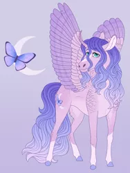 Size: 2171x2880 | Tagged: safe, artist:bluet0ast, derpibooru import, oc, unofficial characters only, alicorn, butterfly, insect, pony, alicorn oc, colored hooves, crescent moon, curved horn, gradient background, horn, image, magical lesbian spawn, moon, offspring, parent:fluttershy, parent:princess luna, parents:lunashy, png, wings