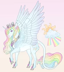 Size: 2820x3180 | Tagged: safe, artist:bluet0ast, derpibooru import, oc, unofficial characters only, alicorn, pony, abstract background, crown, curved horn, hoof shoes, horn, image, jewelry, leonine tail, magical lesbian spawn, male, multicolored hair, offspring, parent:princess celestia, parent:rainbow dash, peytral, png, rainbow hair, regalia, stallion