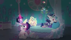 Size: 1600x911 | Tagged: safe, artist:magicstarshine12, derpibooru import, princess flurry heart, shining armor, twilight sparkle, twilight sparkle (alicorn), oc, oc:harmonic symphony, alicorn, pony, unicorn, baby, baby pony, base used, female, glowing horn, horn, image, indoors, jpeg, magic, male, mare, mobile, offspring, older, older flurry heart, parent:princess cadance, parent:shining armor, parents:shiningcadance, sleeping, stallion, telekinesis