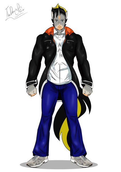 Size: 1000x1416 | Tagged: safe, artist:thedansingpig, derpibooru import, oc, unofficial characters only, anthro, unicorn, clothes, horn, image, jacket, male, pants, png, shoes, signature, simple background, solo, transparent background, unicorn oc