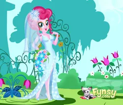 Size: 700x600 | Tagged: safe, artist:connorm1, derpibooru import, pinkie pie, cat, equestria girls, :d, bouquet, clothes, dress, female, flower, flower in hair, high heels, image, open mouth, outdoors, png, shoes, smiling, wedding dress