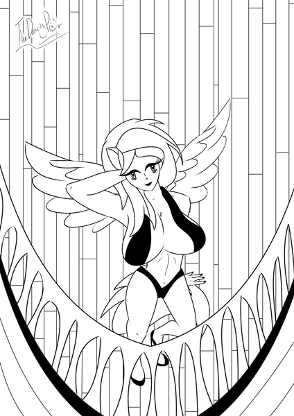 Size: 6071x8598 | Tagged: suggestive, artist:thedansingpig, derpibooru import, oc, unofficial characters only, anthro, pegasus, arm behind head, bikini, bikini top, clothes, female, image, jpeg, lineart, monochrome, pegasus oc, signature, solo, solo female, swimsuit, wings