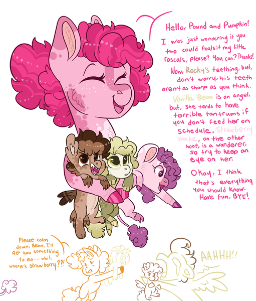 Size: 1687x1980 | Tagged: safe, artist:moccabliss, derpibooru import, pinkie pie, pound cake, pumpkin cake, oc, oc:rocky road, oc:strawberry shake, oc:vanilla bean, hippogriff, hybrid, pony, image, interspecies offspring, magical lesbian spawn, offspring, older, parent:gilda, parent:pinkie pie, parents:gildapie, png