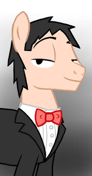 Size: 334x641 | Tagged: safe, artist:ceehoff, derpibooru import, oc, oc:connor, unofficial characters only, earth pony, pony, fanfic:equestria's first human, bedroom eyes, bowtie, bust, clothes, earth pony oc, gradient background, image, jpeg, male, signature, stallion, suit