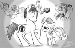 Size: 1078x694 | Tagged: safe, artist:ceehoff, derpibooru import, sweetie belle, oc, oc:connor, earth pony, pony, unicorn, fanfic:equestria's first human, bedroom eyes, book, earth pony oc, female, filly, grayscale, image, jpeg, male, monochrome, petting, ponies riding ponies, raised hoof, reading, riding, signature, stallion, wide eyes