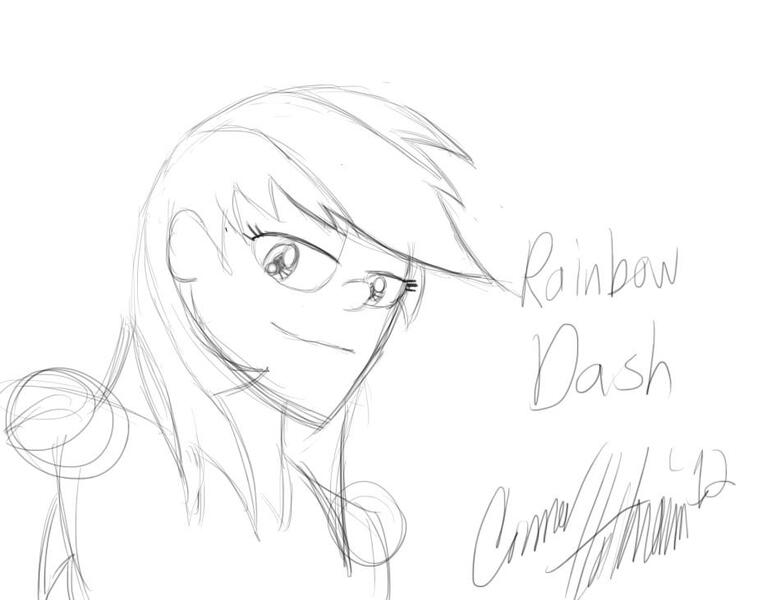 Size: 945x731 | Tagged: safe, artist:ceehoff, derpibooru import, rainbow dash, human, bedroom eyes, bust, eyelashes, female, humanized, image, jpeg, lineart, monochrome, signature, simple background, smiling, solo, white background