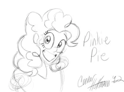 Size: 855x635 | Tagged: safe, artist:ceehoff, derpibooru import, pinkie pie, human, bust, eyelashes, female, grin, humanized, image, jpeg, lineart, monochrome, signature, simple background, smiling, solo, white background