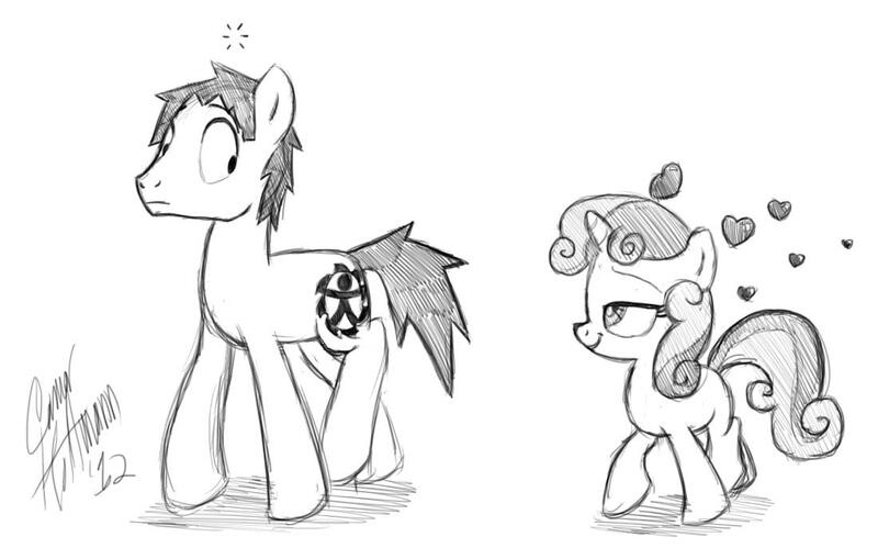 Size: 1100x686 | Tagged: safe, artist:ceehoff, derpibooru import, sweetie belle, oc, oc:connor, pony, unicorn, bedroom eyes, crush, female, filly, heart, image, jpeg, male, monochrome, signature, simple background, smiling, stallion, white background, wide eyes, worried