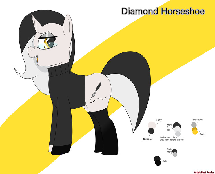 Size: 3486x2818 | Tagged: safe, artist:bestponies, derpibooru import, oc, oc:diamond horseshoe, unofficial characters only, pony, unicorn, bedroom eyes, clothes, cutie mark, dialogue, eyeshadow, female, glasses, horn, image, jpeg, makeup, open mouth, open smile, reference sheet, smiling, socks, solo, solo female, sweater, unicorn oc