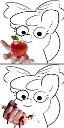 Size: 2000x4016 | Tagged: semi-grimdark, artist:tjpones, derpibooru import, edit, apple bloom, earth pony, pony, apple, blood, crushing, female, filly, food, hand, image, jpeg, looking at you, meme, offscreen character, photo, pov, solo, suddenly hands