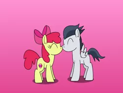 Size: 1280x960 | Tagged: safe, artist:platinumdrop, derpibooru import, apple bloom, rumble, earth pony, pegasus, pony, colt, female, filly, gradient background, image, jpeg, kissing, male, request, shipping, simple background, straight