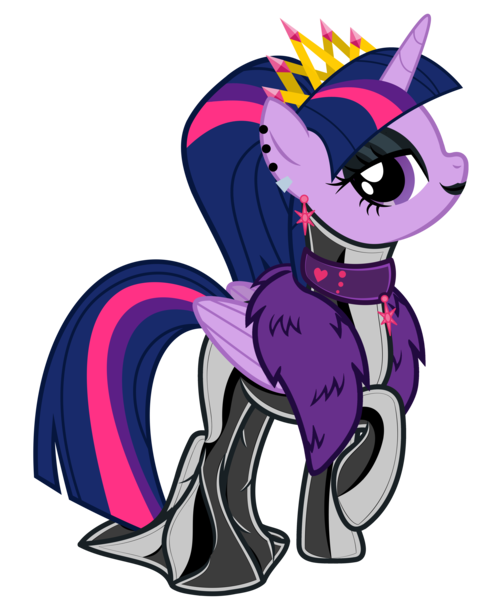 Size: 5483x6766 | Tagged: safe, artist:severity-gray, derpibooru import, twilight sparkle, twilight sparkle (alicorn), alicorn, pony, alternate hairstyle, bedroom eyes, choker, clothes, collar, crown, derpibooru exclusive, dress, ear piercing, eyeshadow, feather boa, female, hobble skirt, horn, image, jewelry, latex, latex dress, lipstick, looking at you, makeup, mare, piercing, png, regalia, simple background, solo, transparent background, wings