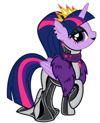 Size: 5483x6766 | Tagged: safe, artist:severity-gray, derpibooru import, twilight sparkle, twilight sparkle (alicorn), alicorn, pony, alternate hairstyle, bedroom eyes, choker, clothes, collar, crown, derpibooru exclusive, dress, ear piercing, eyeshadow, feather boa, female, hobble skirt, horn, image, jewelry, latex, latex dress, lipstick, looking at you, makeup, mare, piercing, png, regalia, simple background, solo, transparent background, wings