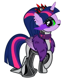 Size: 5483x6766 | Tagged: safe, alternate version, artist:severity-gray, derpibooru import, twilight sparkle, twilight sparkle (alicorn), alicorn, pony, alternate hairstyle, bedroom eyes, choker, clothes, collar, corrupted, corrupted twilight sparkle, crown, dark magic, derpibooru exclusive, dress, ear piercing, eyeshadow, feather boa, female, glowing eyes, hobble skirt, horn, image, jewelry, latex, latex dress, lipstick, looking at you, magic, makeup, mare, piercing, png, regalia, simple background, solo, sombra eyes, transparent background, wings